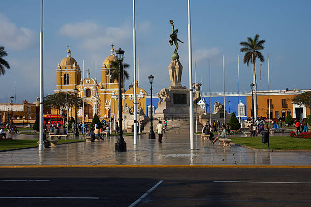 Trujillo Plaza de Armas Trujillo, Peru - September 1, 2014: Colourful colonial style buildings surrounding the Plaza de Armas in Trujillo, Peru. Trujillo was established during the days of the Spanish conquistadors by Diego de Almagro in 1534. trujillo peru stock pictures, royalty-free photos & images