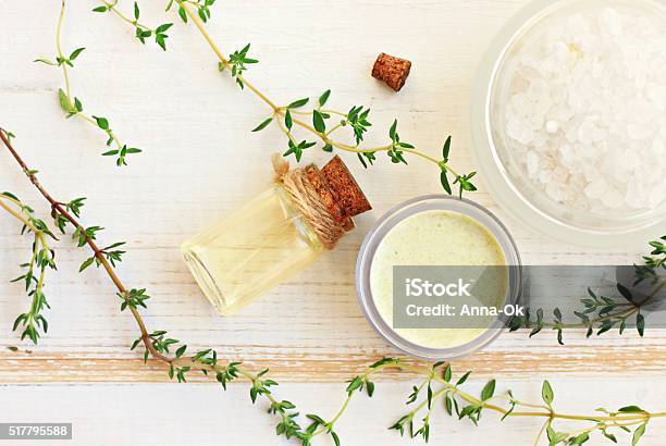 Thyme Aroma Oil Facial Cream Sea Salt Stock Photo - Download Image Now - Thyme, Bath Salt, Botany
