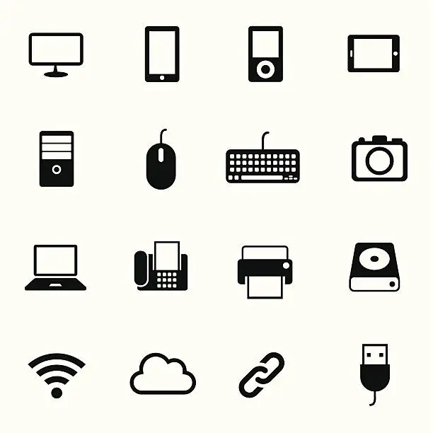 Vector illustration of B&W icons set : Computer, Office Objects