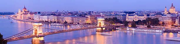 chain bridge et les toits de la ville de nuit à budapest en hongrie - budapest chain bridge night hungary photos et images de collection