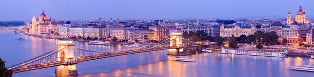 Panoramic view of the Chain Bridge and Parliament building in Budapest, Hungary at twilight.