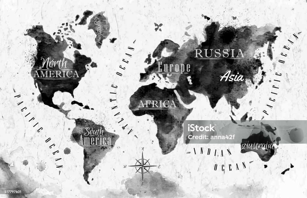 Ink world map Ink world map in vector format black and white graphics in vintage style.Elements in a file with transparency, version EPS 10. Abstract stock vector