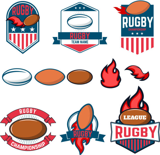 럭비리그. 럭비 라벨, 엠블럼, 디자인 요소. 럭비 c - rugby ball stock illustrations