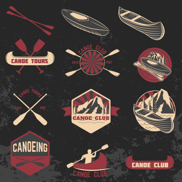 stockillustraties, clipart, cartoons en iconen met set of canoe club labels, badges and design elements. - kano op rivier