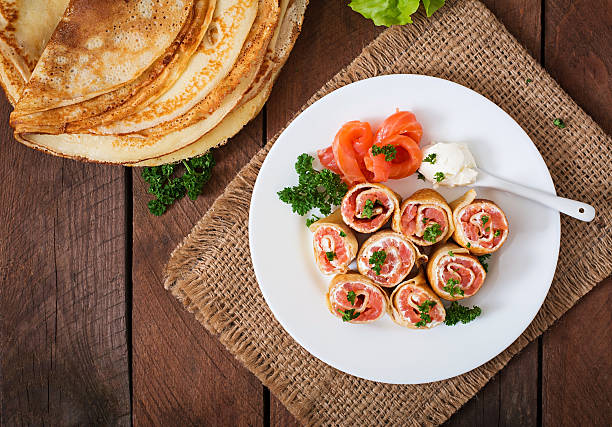 istock Appetizing pancakes with salmon and cream cheese 