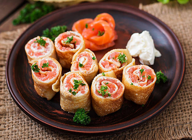 istock Appetizing pancakes with salmon and cream cheese 