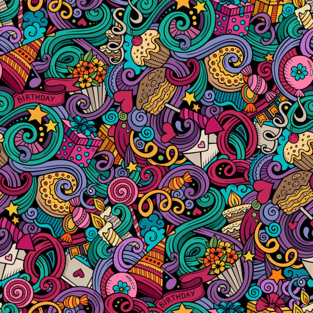 Birthday doodles seamless pattern Cartoon hand-drawn holidays, birthday doodles seamless pattern. Colorful detailed, with lots of objects vector background hyde park flowers stock illustrations