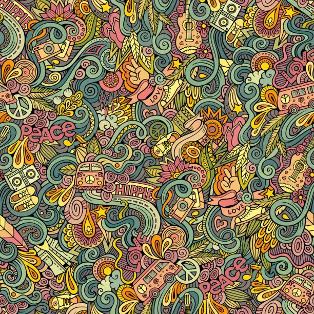 Vector illustration of Hippie Doodles seamless pattern