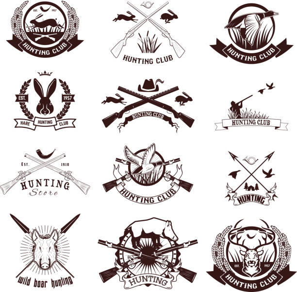 ilustrações, clipart, desenhos animados e ícones de conjunto de etiquetas de caça, emblems e elementos de projeto. - illustration and painting rifle hunting old fashioned