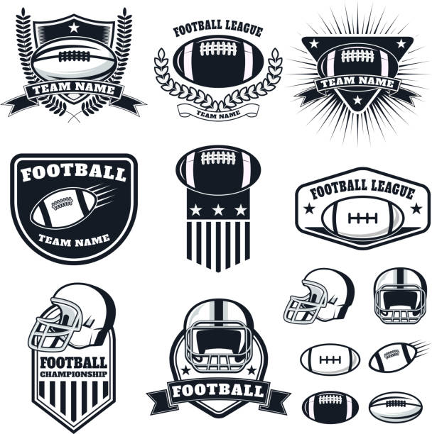 ilustrações, clipart, desenhos animados e ícones de conjunto de futebol americano de rótulos, emblemas e elementos de projeto - football helmet helmet american football sports helmet