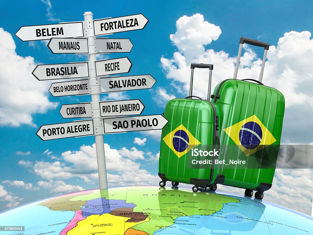 Travel concept. Suitcases and signpost what to visit in Brazil. Travel concept. Suitcases and signpost what to visit in Brazil.  3d Advice Stock Photo