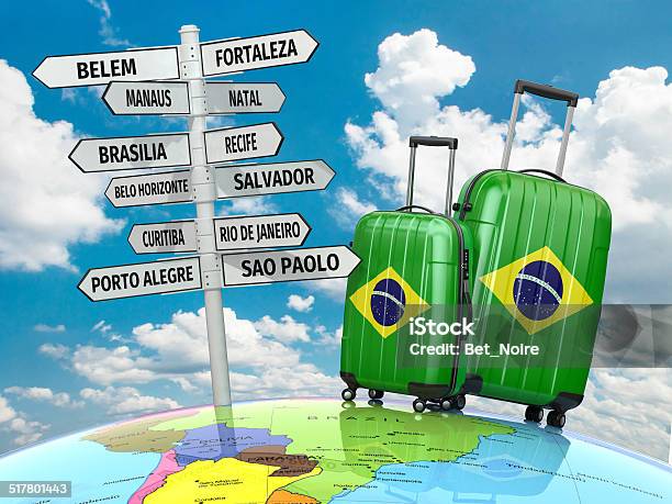 Travel Concept Suitcases And Signpost What To Visit In Brazil Stock Photo - Download Image Now