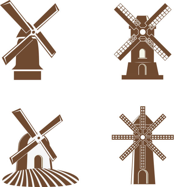 ein satz von vektor-windmühle symbole. - altes backhaus dorf stock-grafiken, -clipart, -cartoons und -symbole