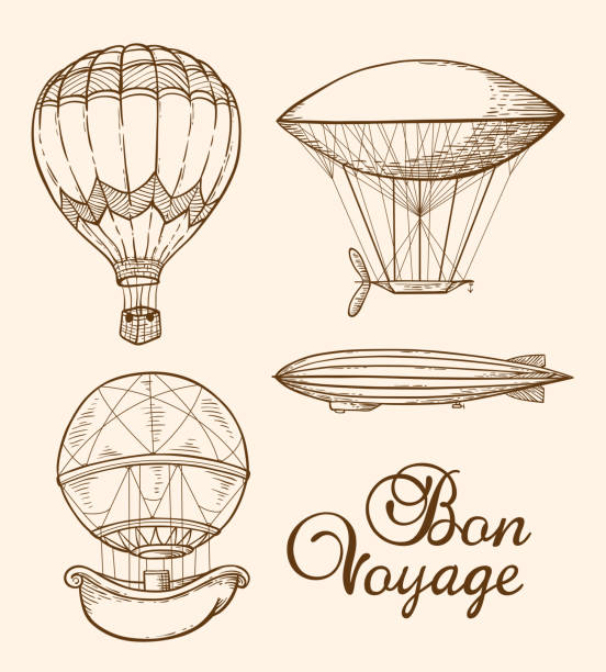 Set of vintage air balloons Set of vintage vector hand drawn air balloons steampunk style stock illustrations