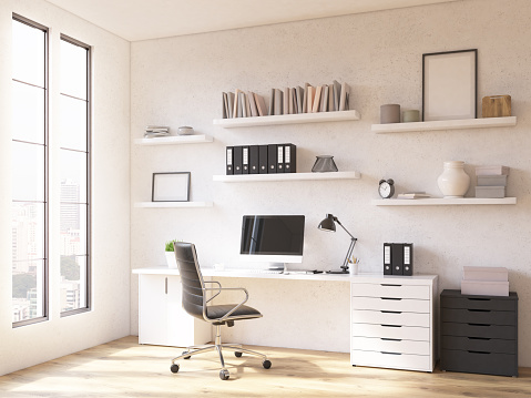 Room in flat, table at window, shelves above. Concept of workplace. Mock up. 3D render