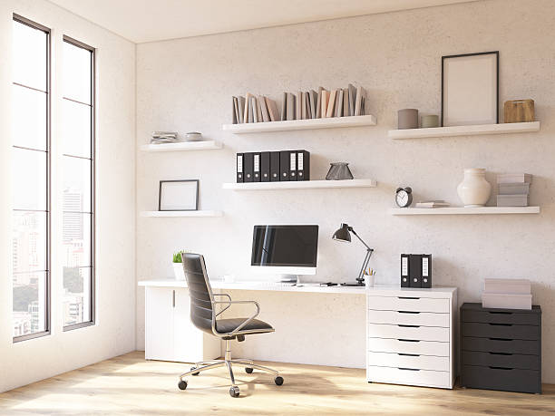 Workplace at home Room in flat, table at window, shelves above. Concept of workplace. Mock up. 3D render home office chair stock pictures, royalty-free photos & images