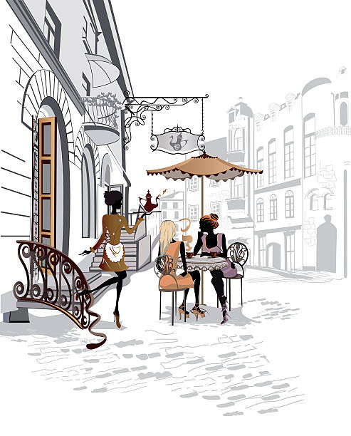 Fashion girls in the street cafe. A waiter serves the tables in the street cafe. Fashion girls sitting and drinking coffee. london fashion stock illustrations