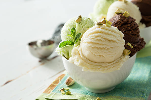Colorful ive cream scoops in white bowl, copy space