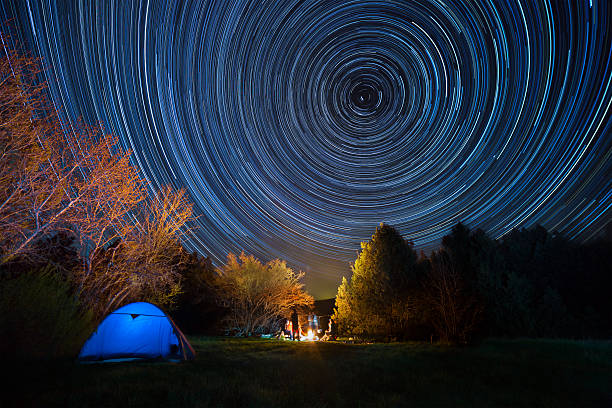 istock Tent against the night sky with tracks from stars 517806594