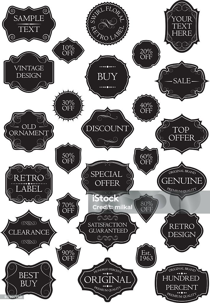 Black set retro label Collection of retro black label frames and shields on different design, decorated with swirl floral ornaments. File contain EPS8 and large JPEG.  Label stock vector