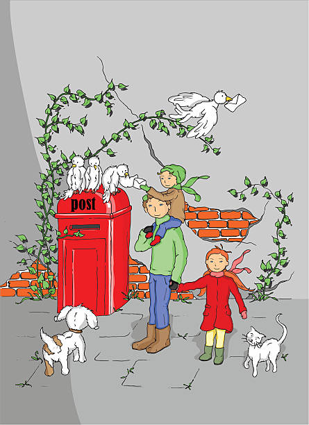 Father with his children mailing a letter Father mailing a letter with his children using the birds to deliver it. pigeon family stock illustrations