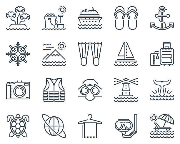 Holiday, beach icon set Holiday, beach icon set suitable for info graphics, websites and print media and  interfaces. Line vector icons. whale tale stock illustrations
