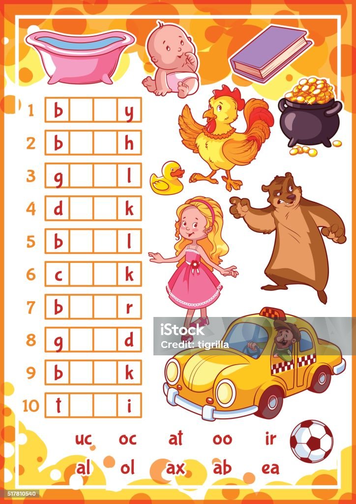 Education rebus game for preschool kids. Education rebus game for preschool kids. Find the correct part of words. Cartoon vector illustration. Baby - Human Age stock vector