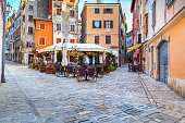 Medieval Croatian old street,with street cafe in Rovinj,Europe