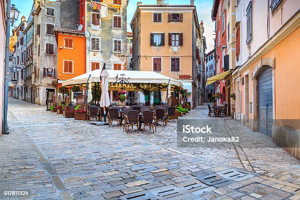 Medieval Croatian Old Streetwith Street Cafe In Rovinjeurope Stock Photo - Download Image Now