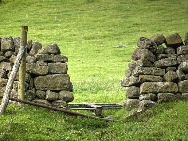 istock dry stone walls either side of  gate that has fallen 517813833
