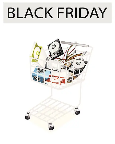 Vector illustration of Set of Hardware Computer in Black Friday Shopping Cart