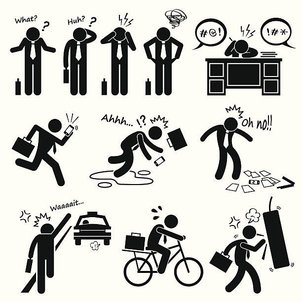 Fail Businessman Emotion Feeling Action Stick Figure Pictogram Icons A set of human pictogram representing a fail businessman scenario and problem he faces. depression behavior businessman economic depression stock illustrations