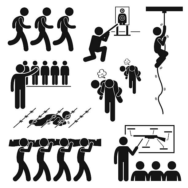 soldaten militär training stick figure pictogram icons - militärisches trainingslager stock-grafiken, -clipart, -cartoons und -symbole