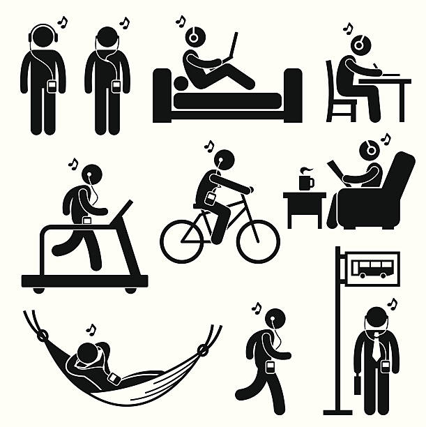 Man Listening Music with Earphone Headphone Stick Figure Pictogram Icons A set of human pictogram representing people listening music and song with earphone and headphone at various places. gym symbols stock illustrations