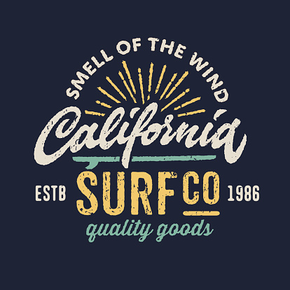 Vintage t-shirt apparel graphic design for surfing company, hand lettering calligraphy 'California'