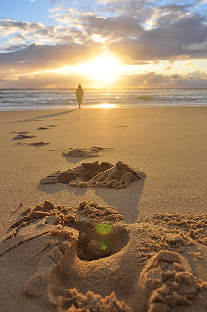 istock Footprints of lonely man on the beach. Footsteps on the sand. 517828751