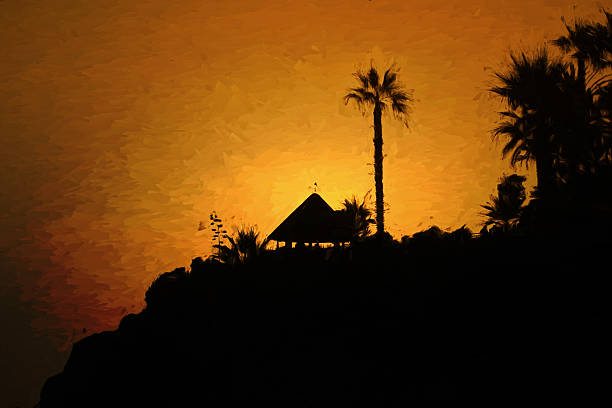 Sunset over the tropical hill with hut and palm tree