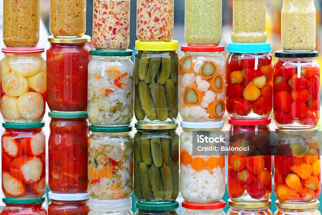 Pickle vegetables Pickled vegetables in mason jars ready for winter Fermenting Stock Photo
