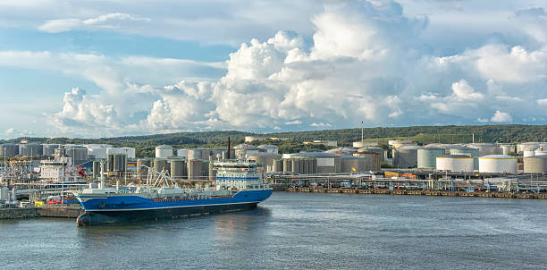 Moored oil tankers unloading oil at an oil terminal.