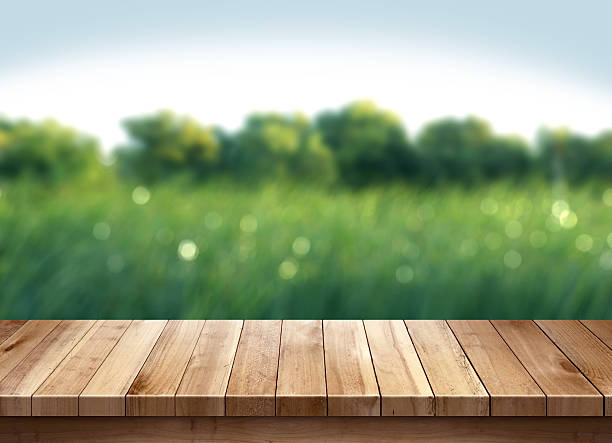 istock Wood table and green grass blurred background 517839564