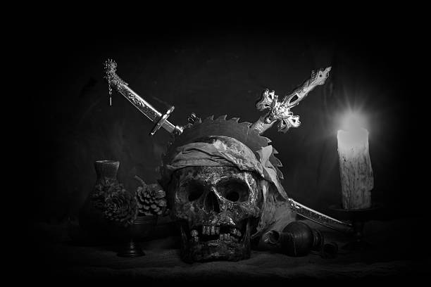 istock Still life of Skull with sword, Circular saws, old brass 517840300
