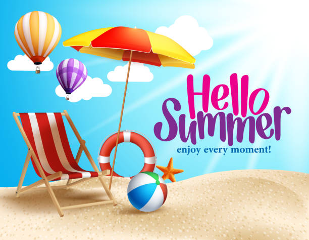 illustrazioni stock, clip art, cartoni animati e icone di tendenza di estate spiaggia progettazione vettoriale in riva al mare con ombrellone da spiaggia - parasol umbrella sun beach