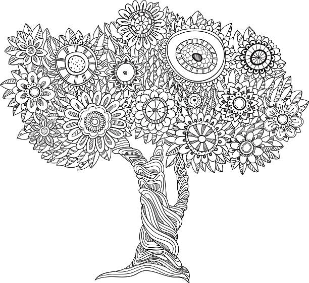 Floral black and white tree. Floral black and white tree could be use for coloring book. adult coloring pages mandala stock illustrations
