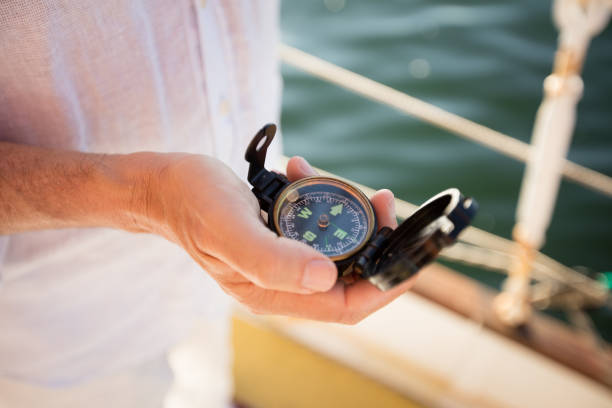 istock Hand holding modern compass with clear directions on a yacht 517846348