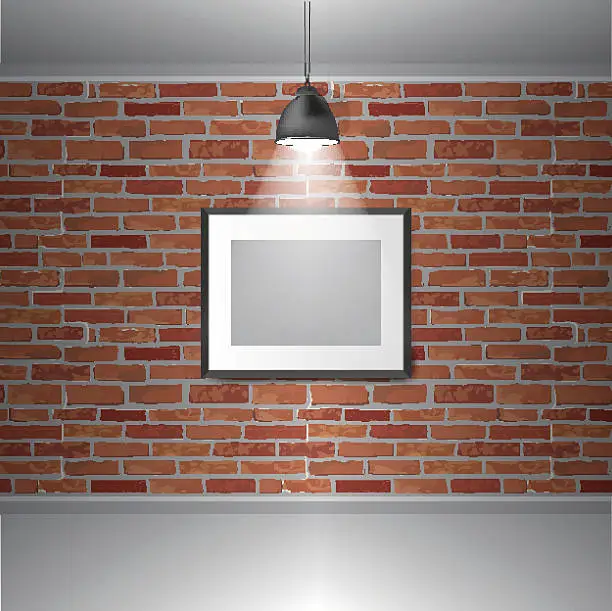 Vector illustration of Vector Gallery exhibition interior. Picture frames on brick wall.