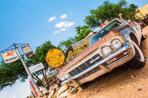 Hackberry, Arizona, USA - May 8, 2014:   View of old Chevy automobile at roadside memorabilia store along Route 66.  Route 66 is well known for its roadside Americana and memorabilia.