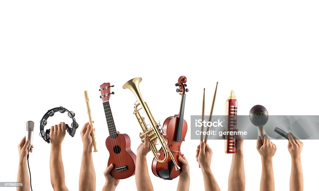musical instrumentss hands holding musical equipments Musical Instrument Stock Photo