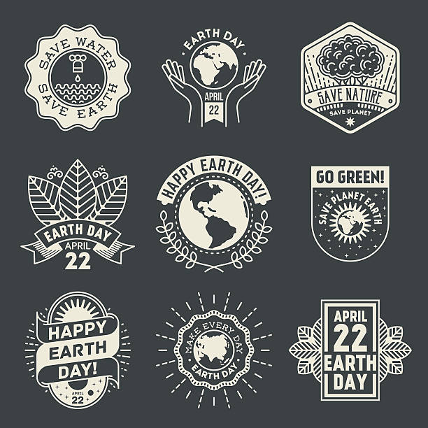 22 kwietnia świecie ziemi dzień. retro zestaw logotypy. - earth day sun sky stock illustrations