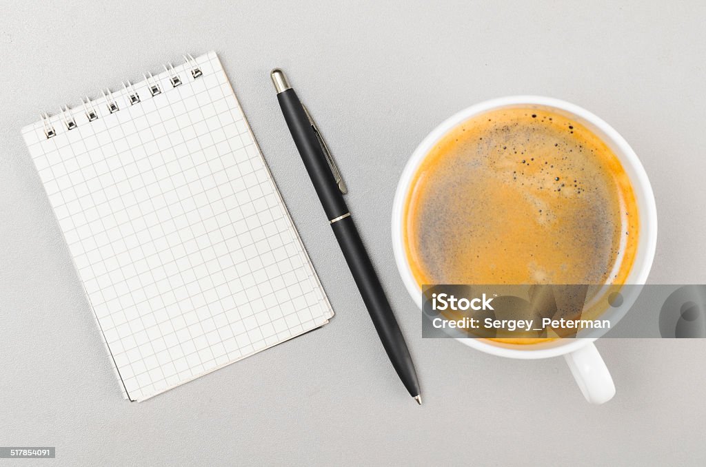 creative process creative process. blank notebook and cup on gray Blank Stock Photo