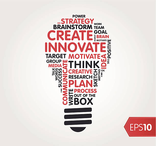 Innovate word shape / cloud Word cloud in the shape of a lightbulb. word cloud stock illustrations